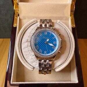 Geneva Men's Oversized Bling Watch Blue/Silver + Crystals, 43mm